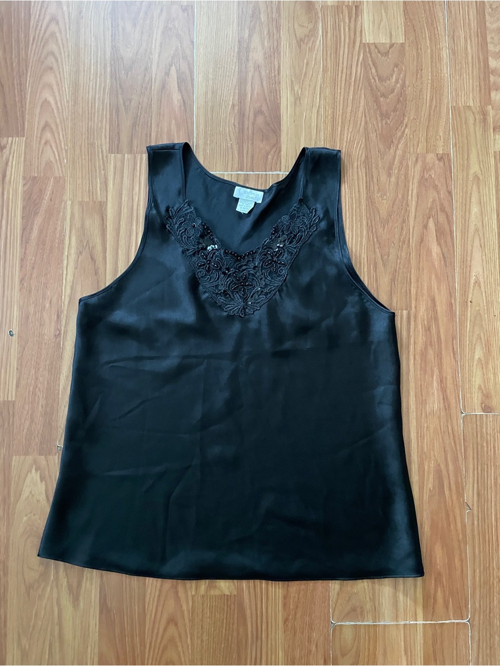 Vintage Cinema Etoile Black Satin Tank Top with Beaded Lace Yoke Size Large